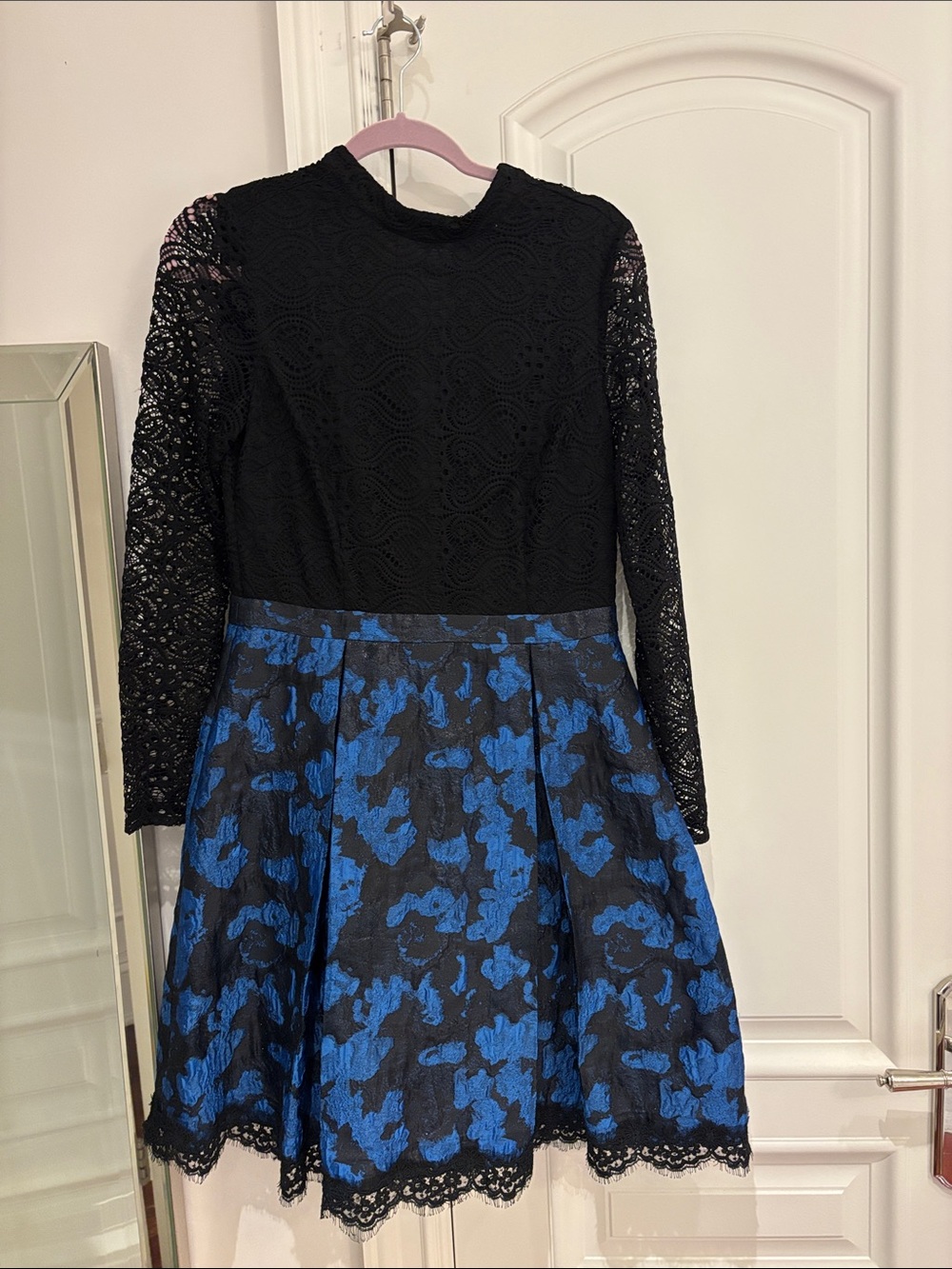 Cynthia Steffe Black Lace Bodice with Blue Floral Jacquard Fit-and-Flare Dress